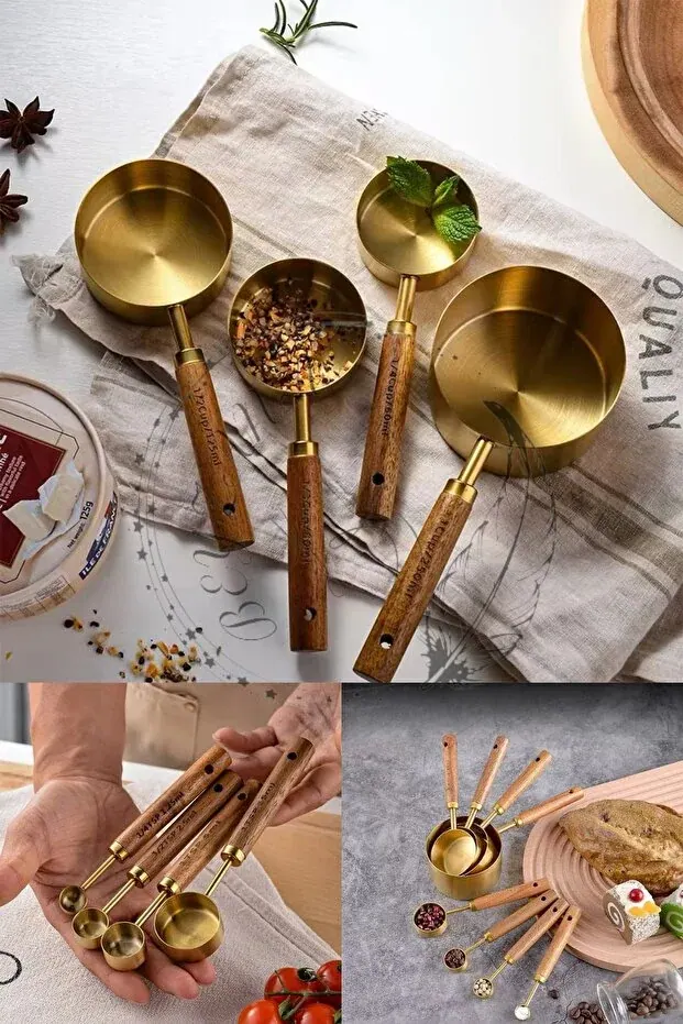 BEYZANA 4 Adet Büyük Boy Paslanmaz Çelik Ahşap Saplı Ölçü Kaşığı Seti Ölçü Kabı 60ml 80ml 125ml 250ml - görsel 1