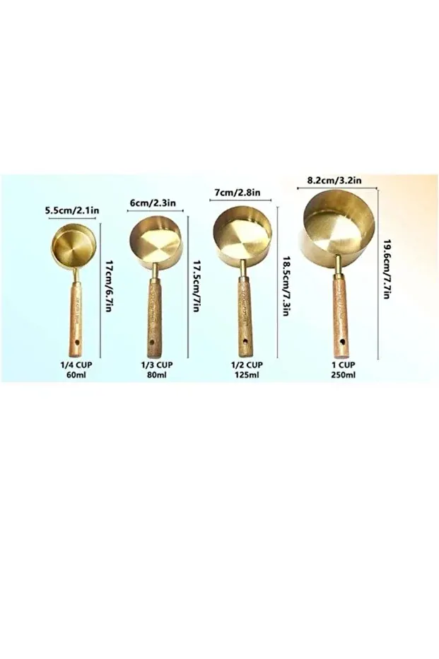 BEYZANA 4 Adet Büyük Boy Paslanmaz Çelik Ahşap Saplı Ölçü Kaşığı Seti Ölçü Kabı 60ml 80ml 125ml 250ml - görsel 2