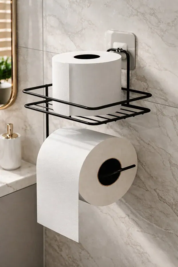 Yapışkanlı Yedek Raflı Tuvalet Kağıdı Askılığı Banyo Düzenleyici - görsel 1