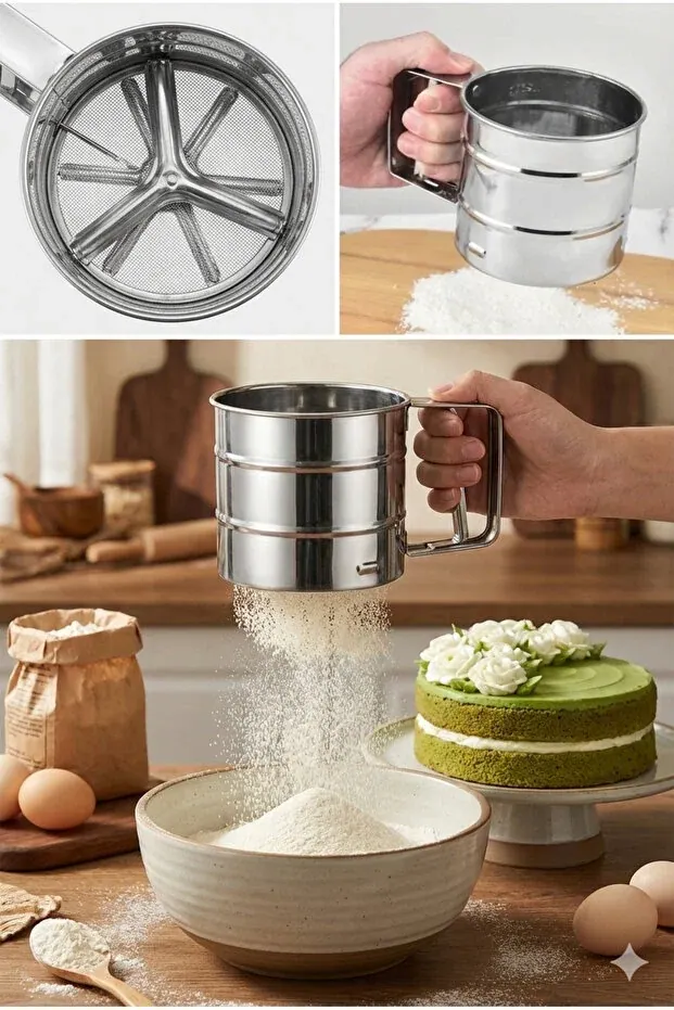 BEYZANA Metal Lüx Paslanmaz Çelik Pratik Un Eleği Pasta Malzemeleri, Paslanmaz Çelik Un Ve Şeker Eleği Elek - görsel 1