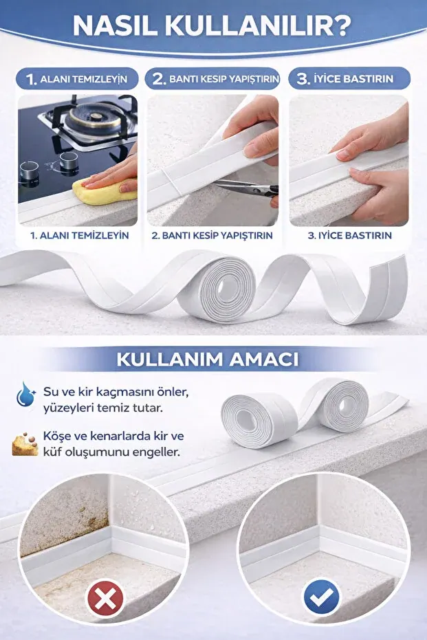 BEYZANA Su Sızdırmaz Geçirmez Bant Lavabo Küvet Kenar Bandı Küvet Duş - görsel 2