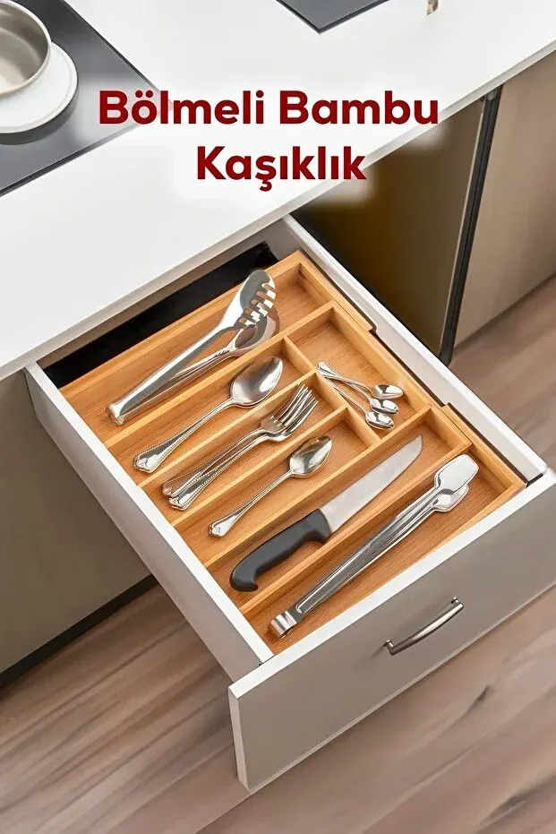 BEYZANA Ölçü Ayarlı 5-7 Bölmeli Bambu Kaşıklık - Çekmece İçi Tezgah Üstü Kaşıklık Organizer - görsel 3