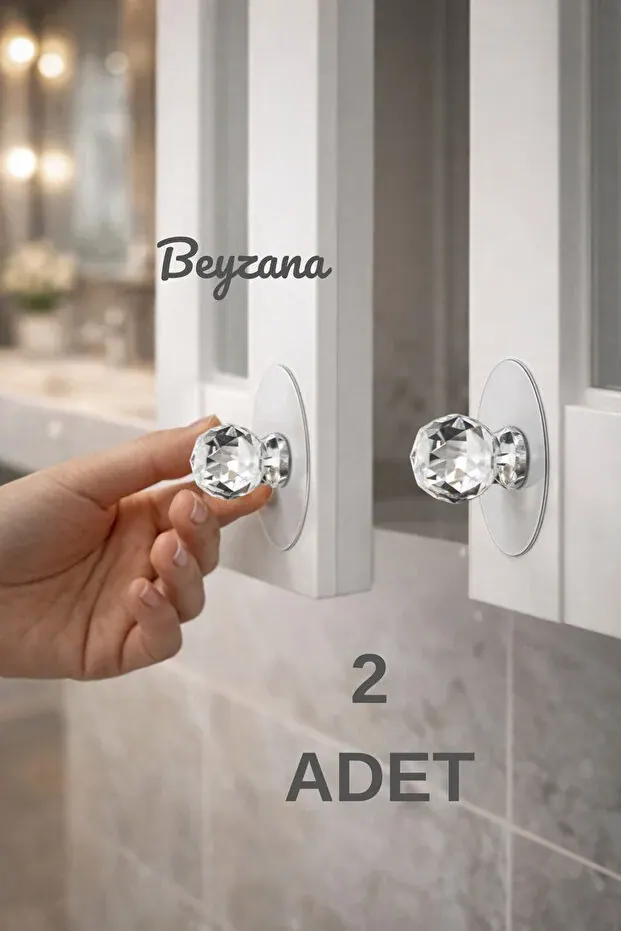 BEYZANA Çok Amaçlı 2li Kristal Topuz Kendinden Yapışkanlı Çekmece Kulpu 2li Yapışkan Askı Tutucu Düzenleyici - görsel 1