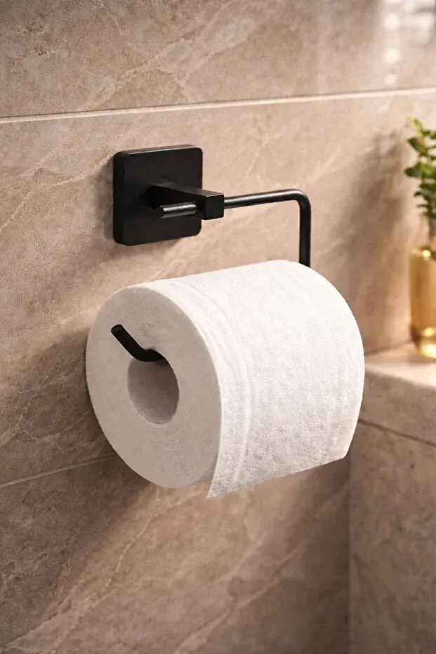 Jasmin Yapışkanlı Siyah Kare Açık Tuvalet Kağıtlığı, Wc Kağıtlık, Tuvalet Kağıdı Askısı - görsel 1