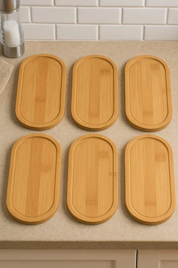BEYZANA 6 Adet Bambu Sunumluk Yağlık Altlığı Sabunluk Altlığı Çok Amaçlı Tepsi 23*12 cm - görsel 1